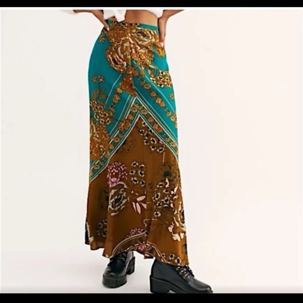Free People Teal and Brown Floral Maxi Skirt